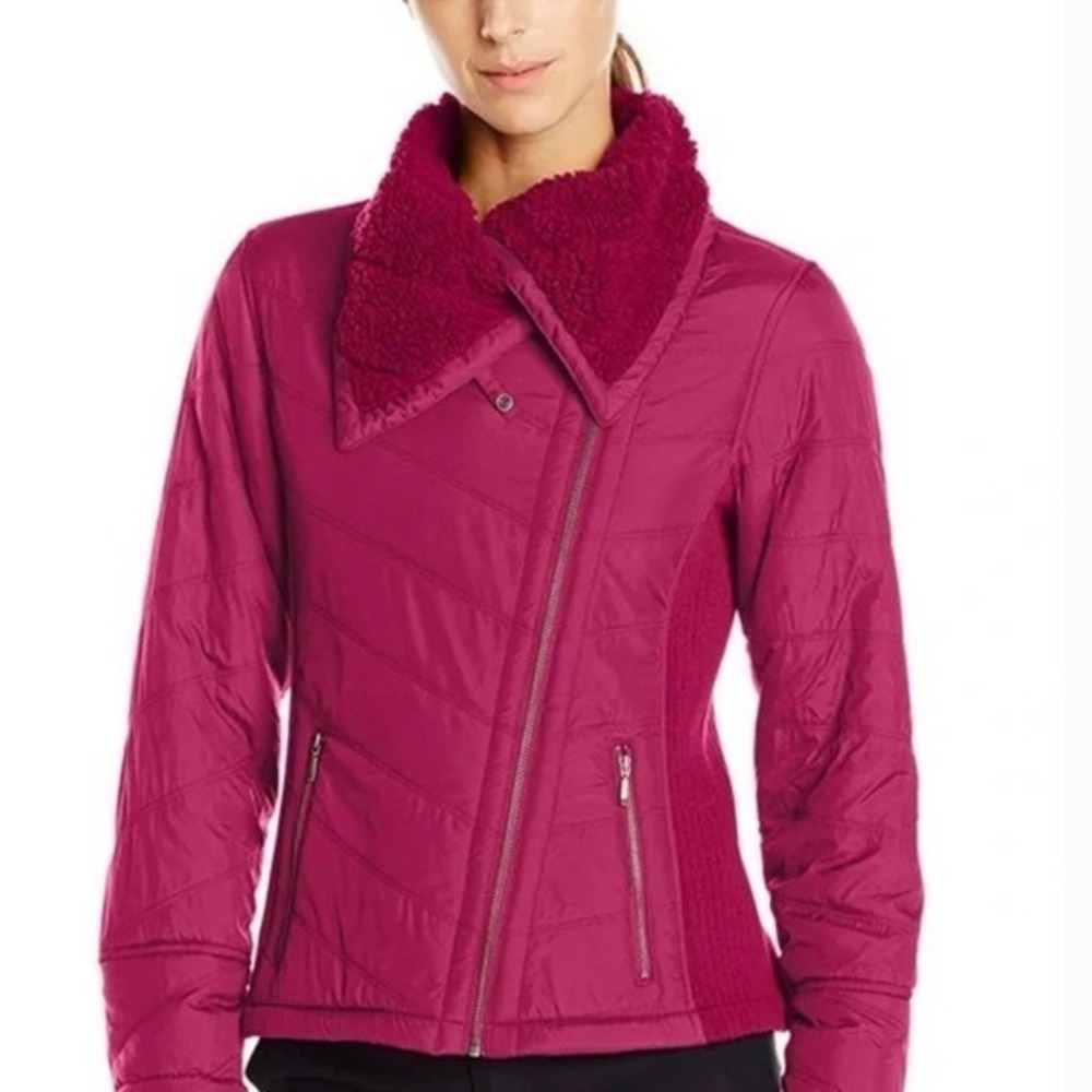 prAna Women Magenta Asymmetrical Zip Puffer Jacket Sherpa Collar Small